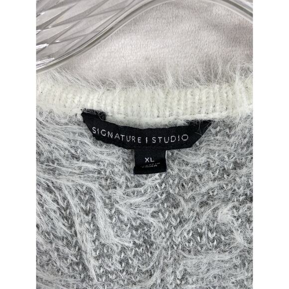 Signature Studio Cardigan Sweater Womens XL White Gray Open Front Pockets Fuzzy - Picture 3 of 7